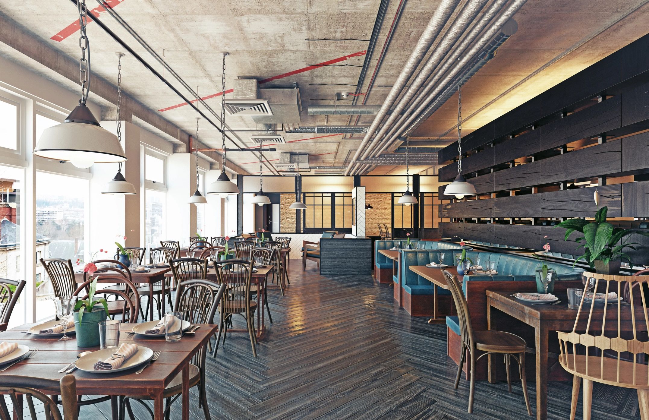 Modern restaurant interior with set tables